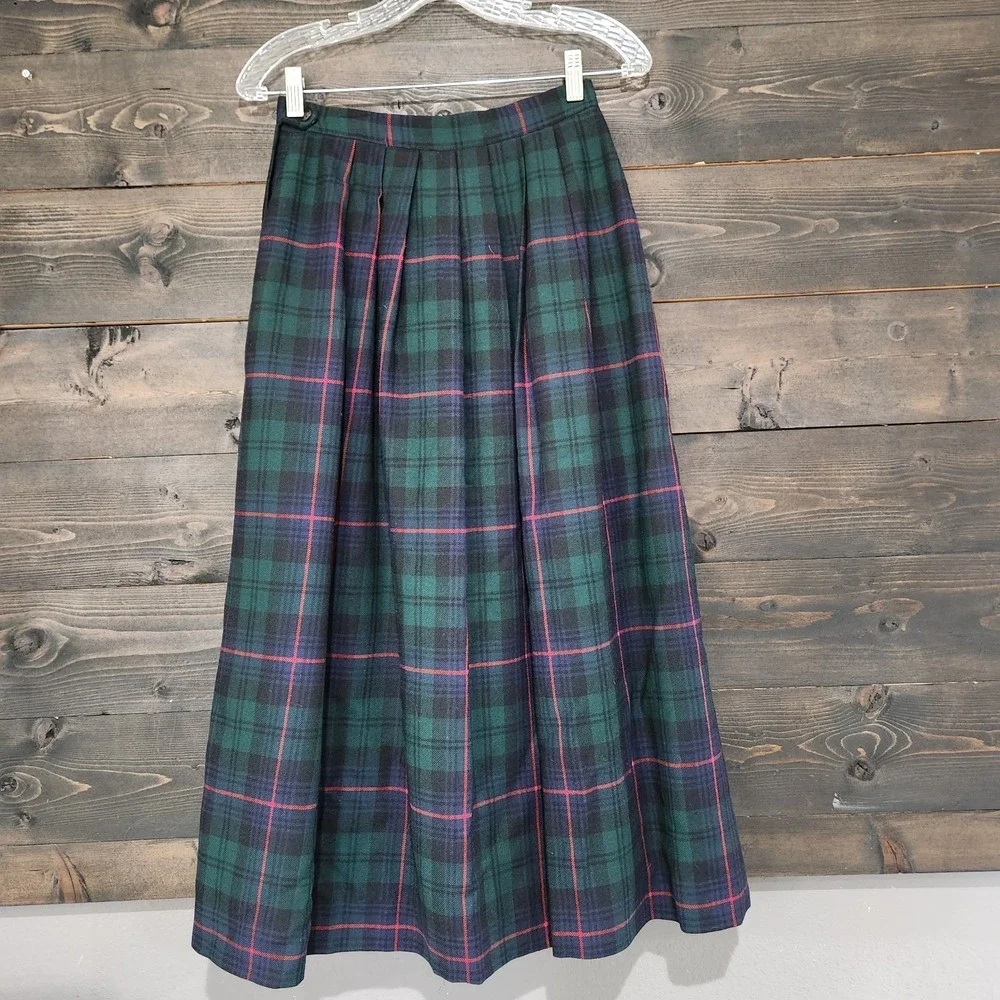 Vintage Wool Green Blue Tartan Plaid Pleated Midi Skirt Waist 25